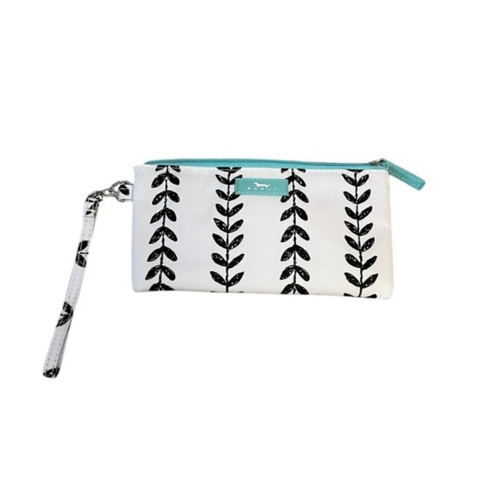SCOUT “Sally Go Lightly” Padded Wristlet / Zipper Pouch, White/Black/Aqua Vines